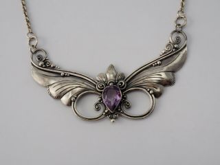 Vintage handmade sterling silver amethyst drop Art Nouveau ornate wings necklace 2