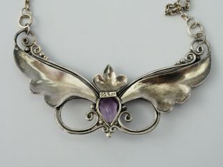 Vintage handmade sterling silver amethyst drop Art Nouveau ornate wings necklace 3