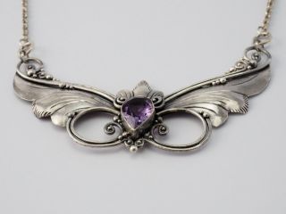 Vintage handmade sterling silver amethyst drop Art Nouveau ornate wings necklace 4