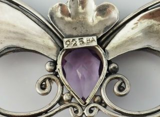 Vintage handmade sterling silver amethyst drop Art Nouveau ornate wings necklace 5