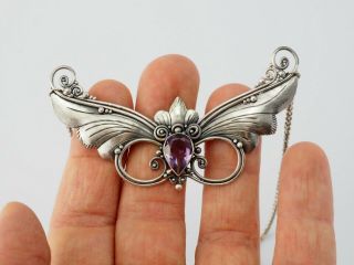 Vintage handmade sterling silver amethyst drop Art Nouveau ornate wings necklace 7