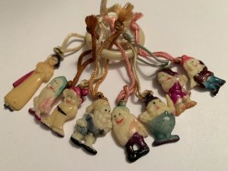 Vintage Celluloid Snow White & 7 Dwarfs Charms On Ring Cracker Jack Disney Htf