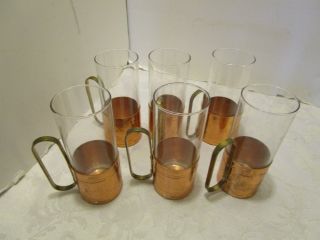 Vintage Set 6 Coffee/tea Hand Hammer Copper Holder & Glass Insert Japan Barware