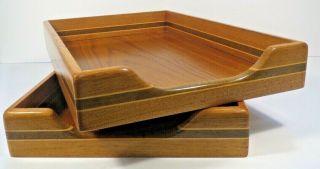 Pair (2) Vintage Wood Letter Desk Trays Letter Legal Inlaid 3 Tone Gorgeous