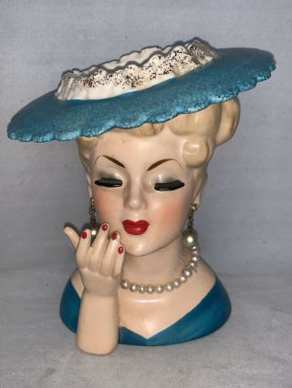 Vintage 1958 Napco Lady Head Vase,  Ceramic,  C3307c,  Pearls,  Earrings,  Turquoise