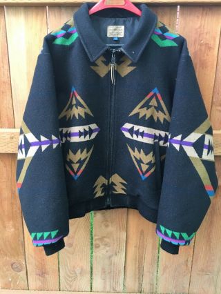 Vtg Western Wear Pendleton Wool Native Print Jacket L Black Usa