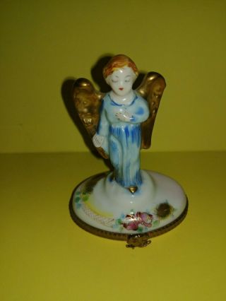 Vintage Limoge Trinket Box Angel In Blue Dress Roses Peint Main