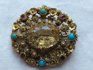 Antique Gold Citrine Turquoise Almandine Garnet Gold Brooch - Af