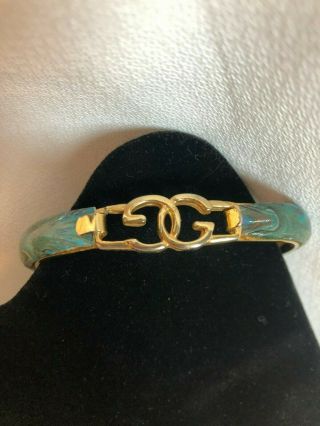 Vintage Gucci 70s Teal Blue Peacock Pattern Bracelet.  Rare.  24 Kt.  Gold Plate.