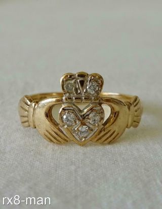 Vintage Irish 9ct Solid Gold 0.  10ct Diamond Set Ladies Claddagh Ring 1.  7g