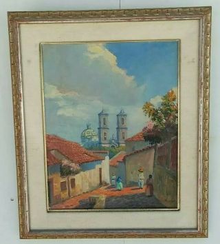 Vintage Maya Taxco City Oil On Canvas Painting Old Church Mexico Southwest