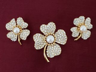 Vintage Trifari Flower Rhinestone & Pearl Brooch & Earring Set,  Signed -