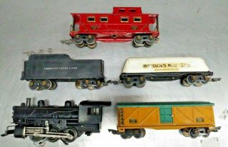 Vintage AMERICAN FLYER O Scale 0 - 6 - 0 Steam Locomotive & Tender w/ 3 Freight Cars 5