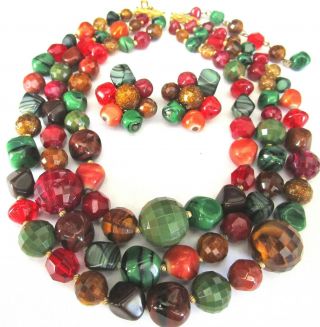 Hattie Carnegie Rich Red S Greens & Orange Glass Beaded Necklace Earring Set