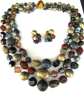 Hattie Carnegie Rich Black & Golden Glass Beads & Crystal Necklace Earring Set