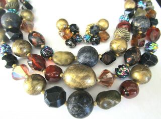HATTIE CARNEGIE Rich Black & Golden Glass Beads & Crystal Necklace Earring Set 2