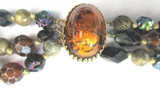HATTIE CARNEGIE Rich Black & Golden Glass Beads & Crystal Necklace Earring Set 3