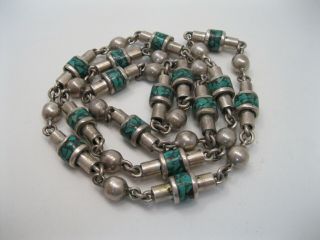 Heavy Vintage Mexican Sterling Silver & Turquoise Inlay Necklace