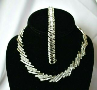 Vtg Crown Trifari Silver Tone Crystal Baguette Rhinestone Necklace & Bracelet