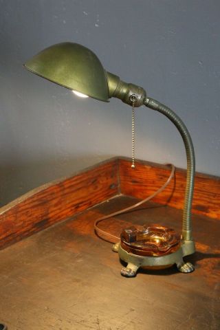 Vintage Cast Iron Feet Piano Desk Lamp / Ashtray Art Deco Industrial Olive Green
