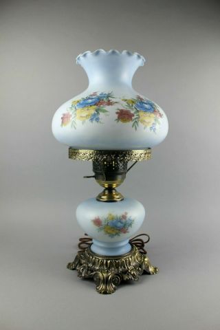Vintage Gone With The Wind Hurricane Lamp Hand Painted Blue Floral 3 Way