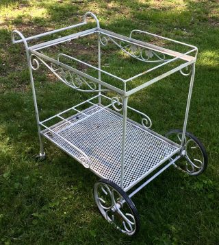 VINTAGE MID - CENTURY WROUGHT IRON ROLLING PATIO CART WOODARD 2