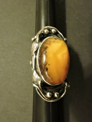 Signed Art Nouveau Egg Yolk Baltic Amber & 925 Sterling Silver Ring Size 8