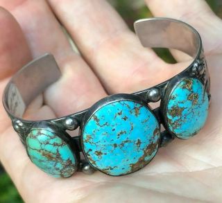 Rare Harvey Era Navajo Indian Silver & Robins Egg Blue Turquoise Cuff Bracelet