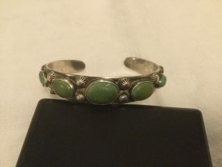 Vintage Navajo Silver And Green Turquoise Bracelet With Whirling Logs,  5 Stones