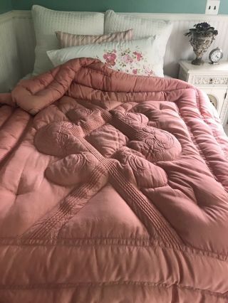 Chic Pink Vintage 1940’s Quilted Down Filled Comforter Satin 68” Square
