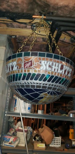 Schlitz Beer Sign 1976 Large Tiffany Hanging Baroque Light Vintage Lighted Bar