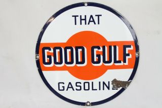 Vintage Good Gulf Pump Plate Sign 10.  5 " Round Porcelain Rare Old Gas Oil
