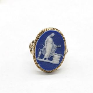 Antique Victorian Solid 9ct Gold Blue White Jasperware Ladies Ring Size M