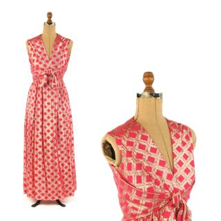 Vintage 70s Bonwit Teller Hot Pink Metallic Gold Lame Abstract Maxi Dress S