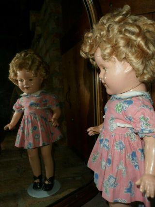 Vintage 17 " Ideal Shirley Temple Composition Doll With Pink & Blue Printed Dress