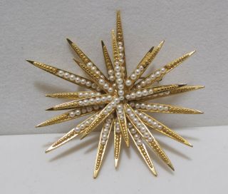 Glorious Vtg BOUCHER Numbered 0830 Petite Pearl Gold - Plated Starburst Brooch 6