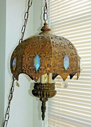 Vintage Hanging Brass Filigree Swag Lamp,  Crystals,  Hollywood Regency,  Moroccan