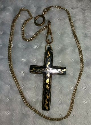 Antique Mourning French Black Glass Gilt Large Cross Fob With Pocket Watch Chain