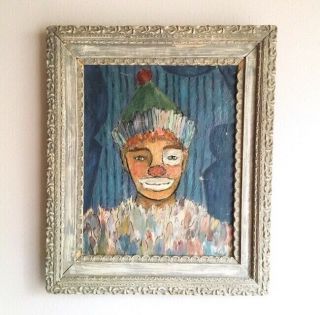 Modernist Oil Painting Of A Clown In Pastels,  1950s Vintage Artist Signed Mcm