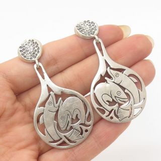 Vtg Mexico 925 Sterling Silver Fish Pisces Drop Earrings