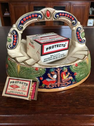 Vintage German Handgemalt Cigar Ashtray With 10 Boxes Of Protecto Safety Matches