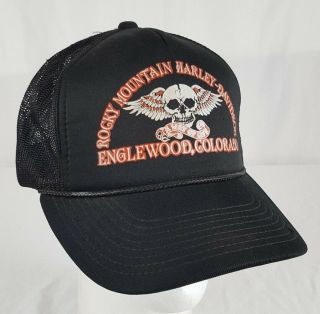 Vtg 80s Harley Davidson Skull Wings Mesh Trucker Hat Rocky Mountain Englewood Co