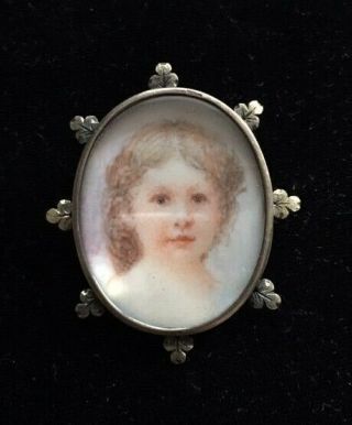 Antique Vintage Hand Painted Framed Portrait Brooch Young Girl Gold Gilt C Clasp