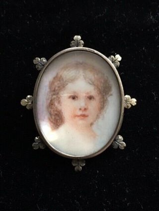 Antique Vintage Hand Painted Framed Portrait Brooch Young Girl Gold Gilt C Clasp 2