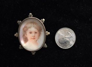 Antique Vintage Hand Painted Framed Portrait Brooch Young Girl Gold Gilt C Clasp 5