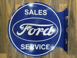 Ford Sales Service 2 Sided Vintage Porcelain Sign 18 X 17 Inches Flange