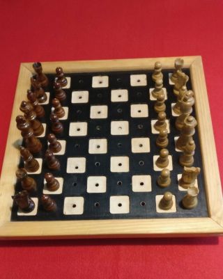 Vintage Unique Wood Hand Carved Chess Set & Hand Made Board With Holes & A Box