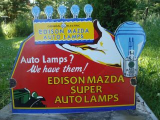 Old Vintage Ge General Electric Edison Mazda Auto Lamps Porcelain Enamel Sign