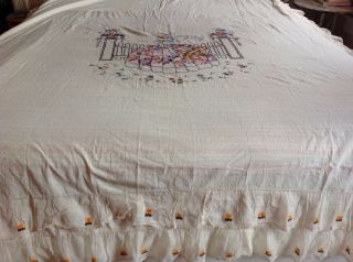 Vintage 1930 ' s EMBROIDERED BEDSPREAD Bed Cover COVERLET Curtain Queen GORGEOUS 3