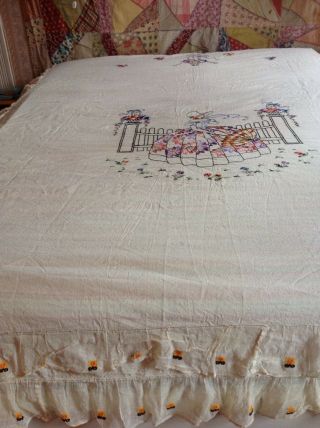 Vintage 1930 ' s EMBROIDERED BEDSPREAD Bed Cover COVERLET Curtain Queen GORGEOUS 5